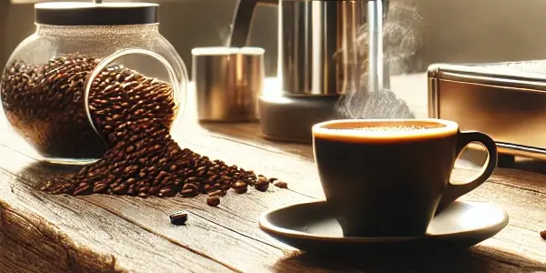 A cup of coffee and coffee beans in a jar, all on top of a wooden table inside a coffee shop