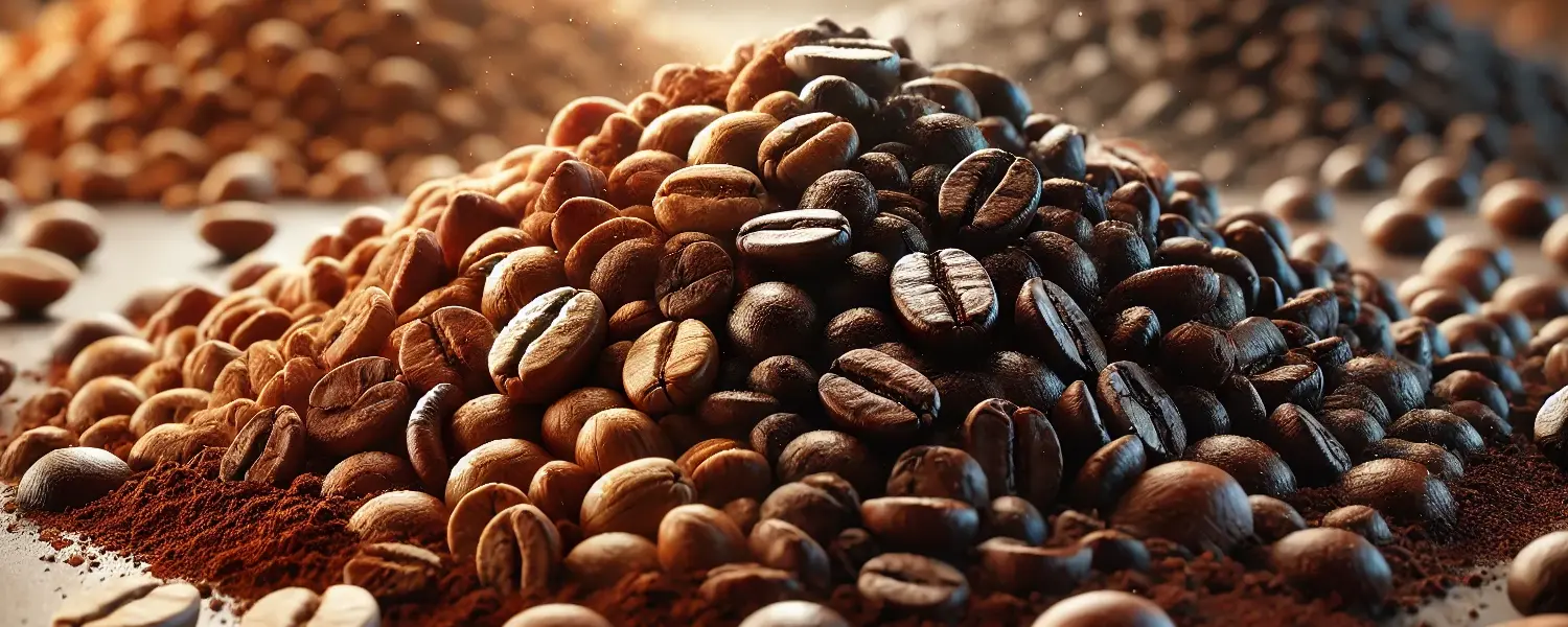 lots of coffee beans on a wooden table, beans on the left side are light roasted and beans on the right side are heavy roasted