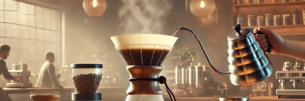 A barista is brewing coffee by pour over method