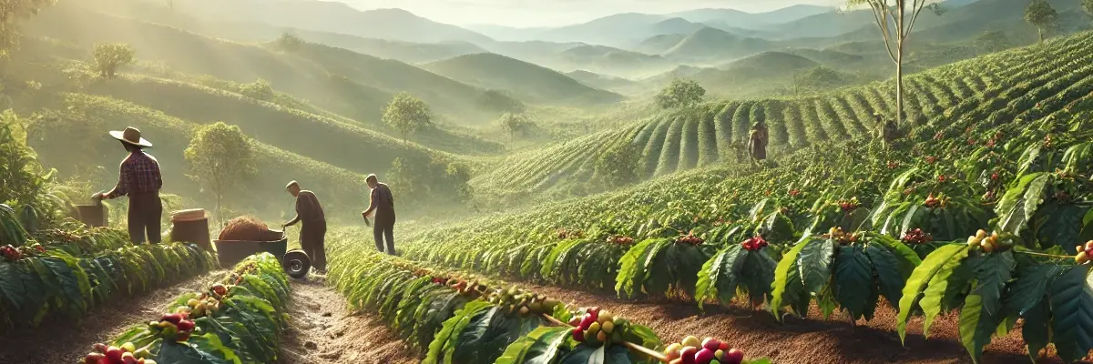 A traditional coffee farm with many coffee plants and 3 coffee farmers