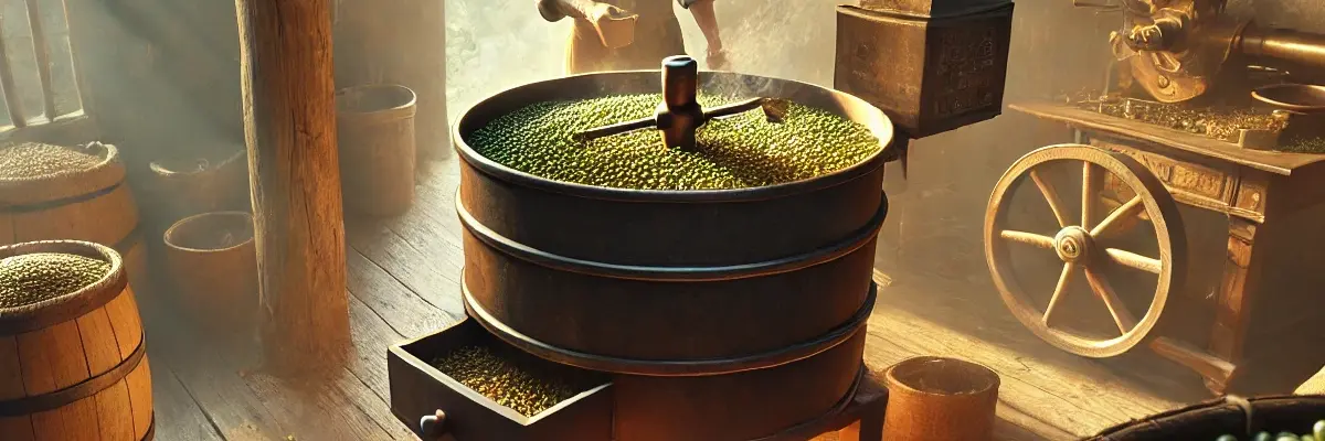 A coffee traditional roasting shop and there is new green coffee beans that are prepared to be roasted