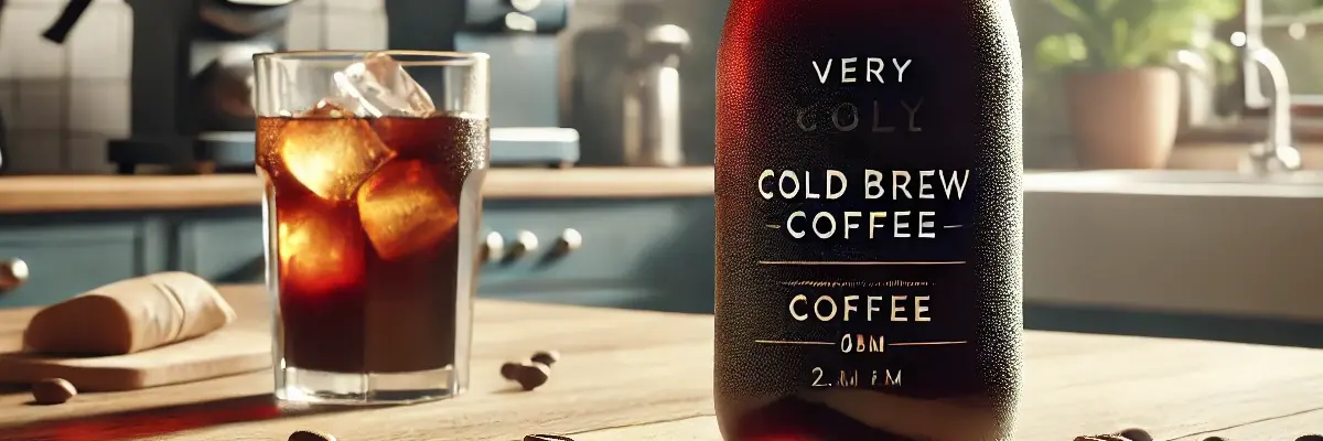 A glass of cold brew coffee on a kitchen table, near to a cold brew coffee in a bottle