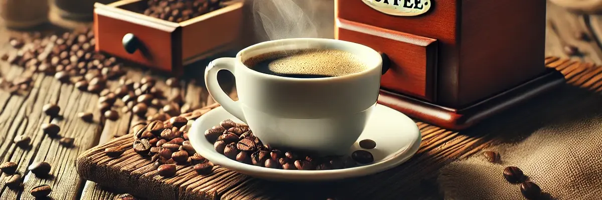 A steaming cup of coffee on a wooden table, there are many roasted coffee beans around, the image is zoomed to the coffee cup