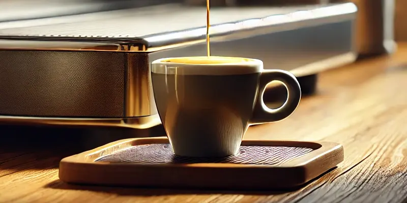 golden and rich espresso shot dripping to a coffee cup that contains some foam