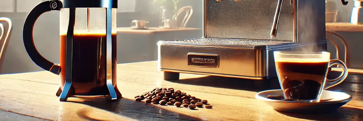 A french press machine and a cup of coffee, in front of a larger coffee machine