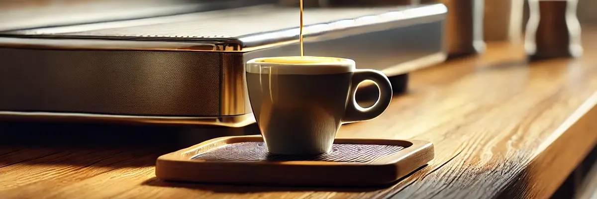 A cup is standing on a table and golden rich espresso is filling the cup