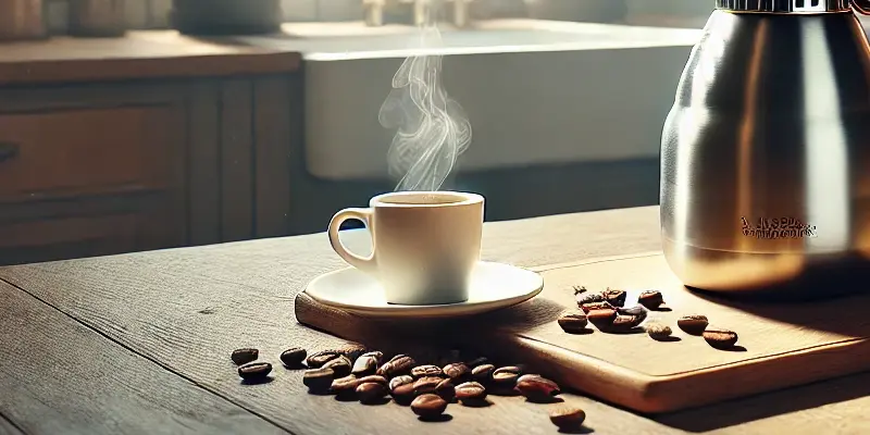 A cup of hot coffee on top of a kitchen table