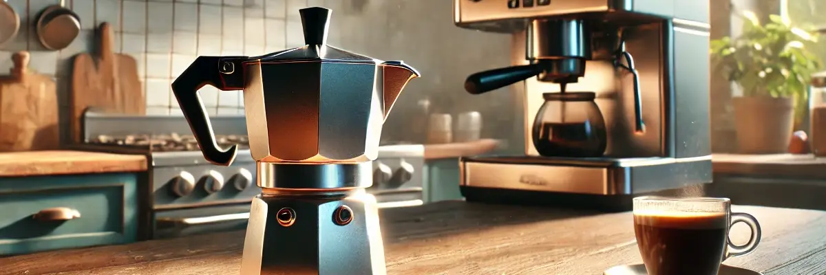 Inside a kitchen there is a moka pot for brewing coffee and a cup of coffee as well on the table