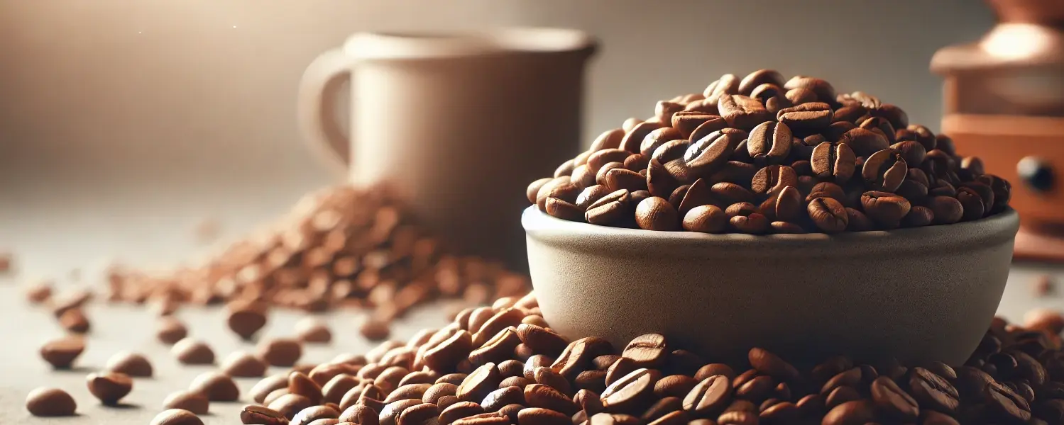 Roasted coffee beans scattered on a table, also additional roasted coffee beans inside a cup