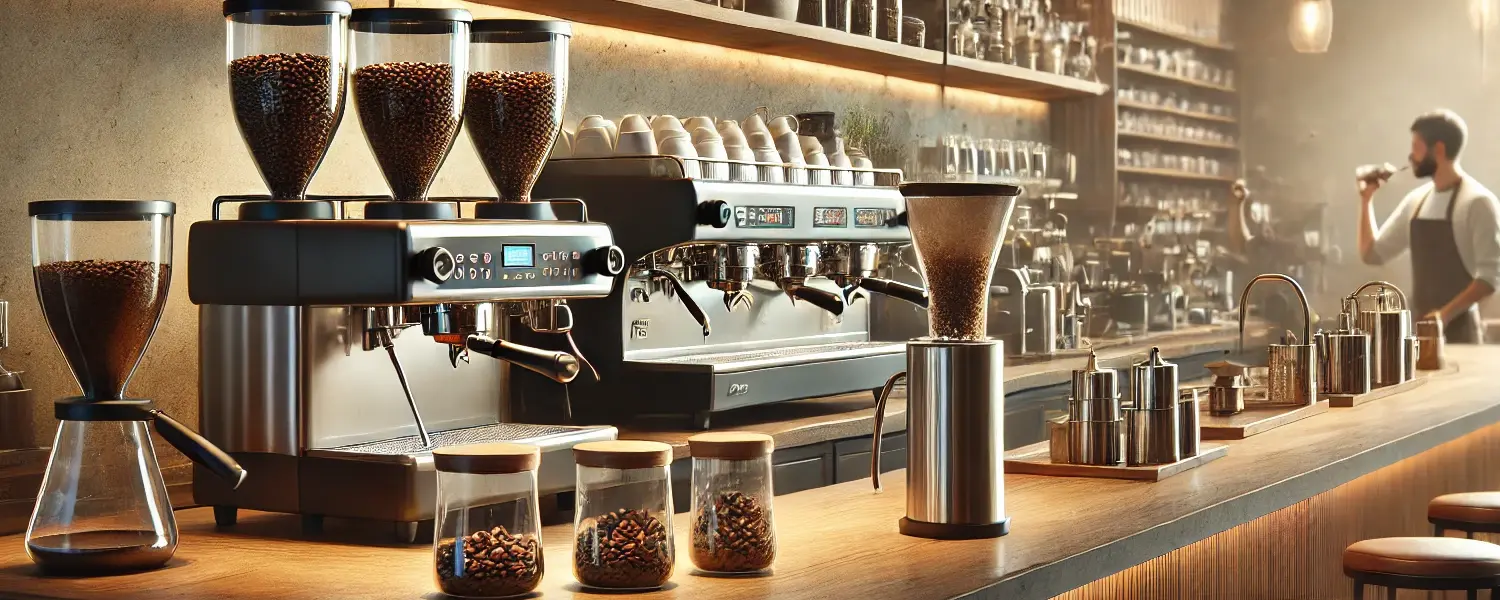 Inside a third wave coffee shop, there are coffee beans and coffee machines